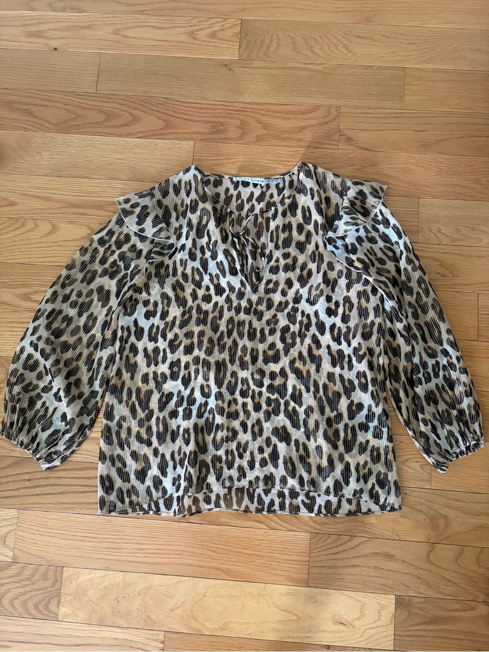 Alice + Olivia Beige Sissy Silk Brown Black Leopard Tie-Neck Ruffle Blouse